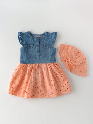 Trendy Schiffly And Denim Dress With A Hat for Girls-6-9 M