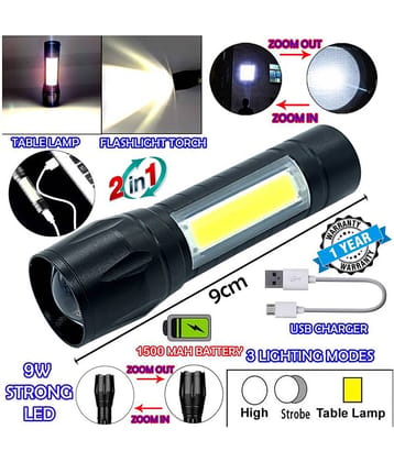 P 2in1 3 Mode Rechargeable Zoomable Waterproof LED Metal USB Charging Table Lamp - 9W Rechargeable Flashlight Torch (Pack of 1)