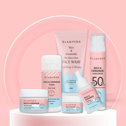 Glamveda Korean Rice Ceramide 6 Step Skincare Kit for Glowing Skin | Face Wash, Face Serum, Moisturizer Cream, Toner, Sunscreen SPF 50 PA+++, Under Eye Cream | Skincare Gift Set for Woman Glamveda Korean Rice Ceramide 6 Step Skincare Kit for Glowing Skin