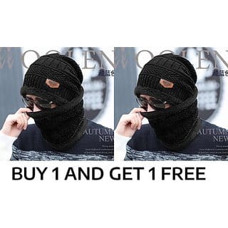 Fashlook Woolen Black Casual Winter Cap (Pack of 2)