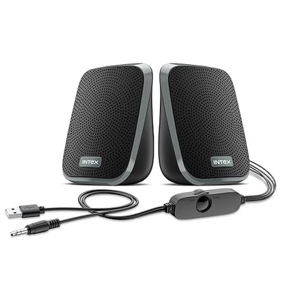 Intex IT-120 2.0 Channel Desktop Speaker with 10W Powerful Sound, USB Powered, 3.5mm Jack, in-Line Volume Control, Loud & Compact Design, Portable for Laptop, Computer, Mobile  Grey