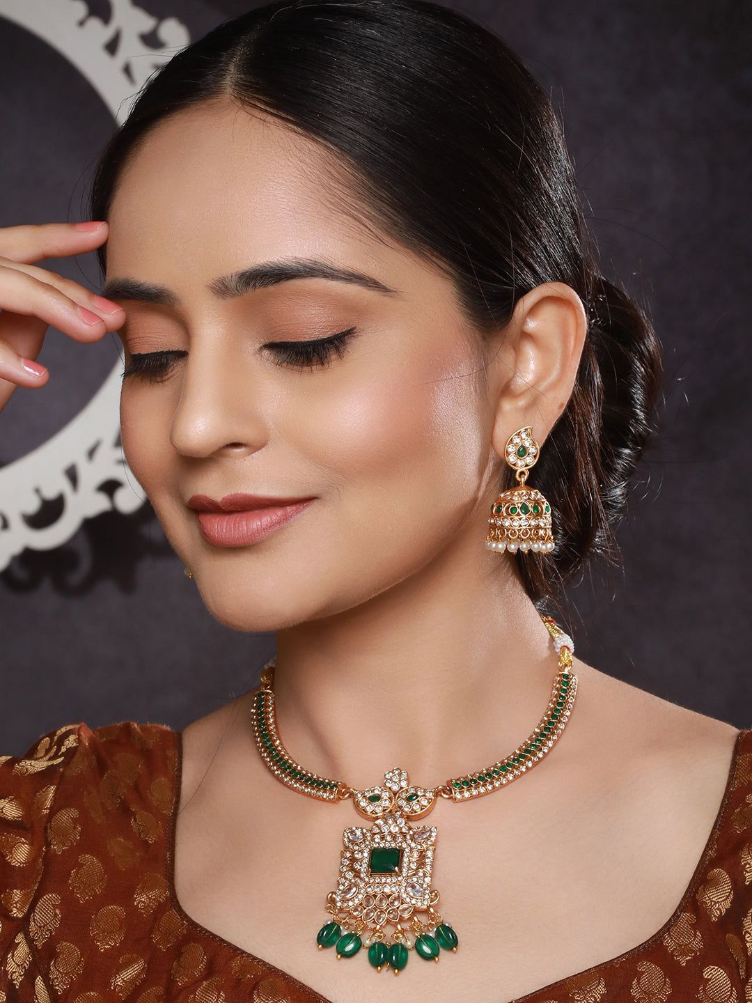 Gold Plated Green Zircon & Pearl Beaded Floral Pipe Pendant Jewellery Set With Jhumka