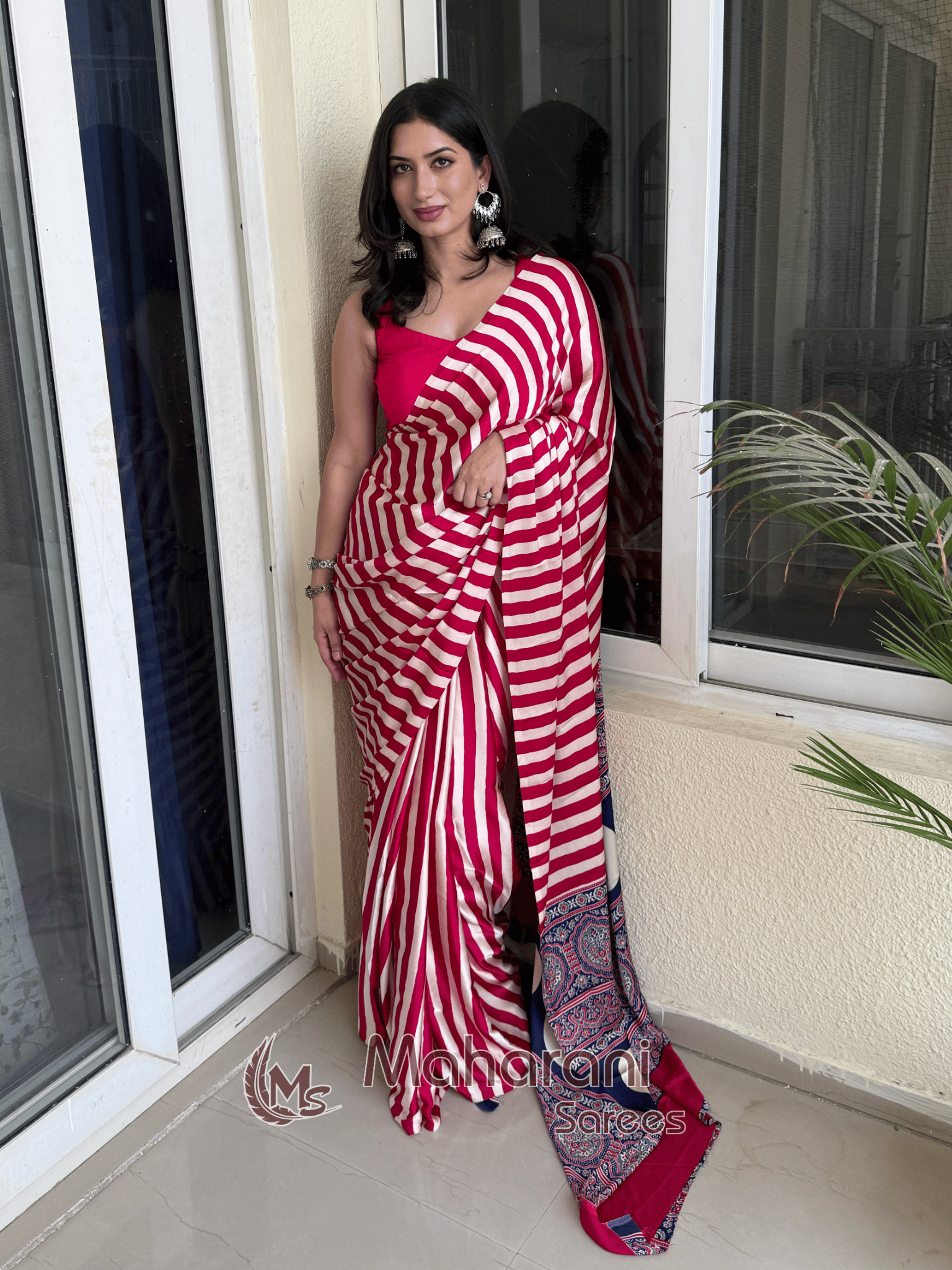 Rose Pink Striped Ajrakh Hand-Printed Modal Silk Saree