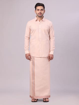 Mens Copper Tissue Shirt and Dhoti Set with Intricate Jacquard Border Plum-36 / F/S / Copper