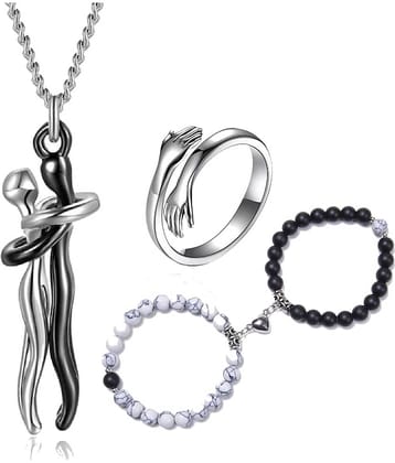 Thrillz Silver Hug Chain Pendant For Women Stainless Steel Silver Hug Ring With Beads Couple Bracelet For Women Men Boys Friendship Bracelet Jewellery Combo