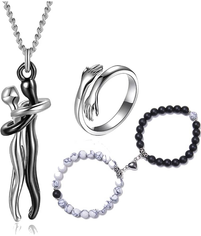 Thrillz Silver Hug Chain Pendant For Women Stainless Steel Silver Hug Ring With Beads Couple Bracelet For Women Men Boys Friendship Bracelet Jewellery Combo
