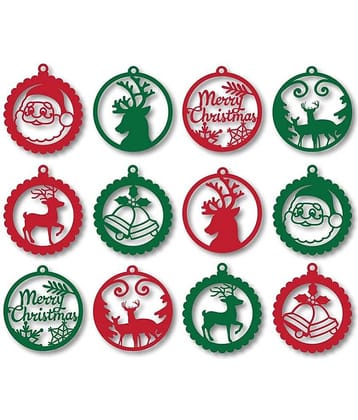 eCraftIndia Red & Green 12 Pieces Christmas Tree Wooden Cut outs Festive Decor