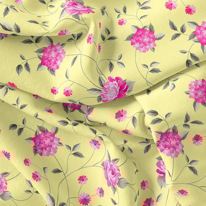 Pink Flower On Lemon Yellow Digital Printed Fabric  - Crepe-Polyester / Silk Crepe / 110 CM | 43 Inch