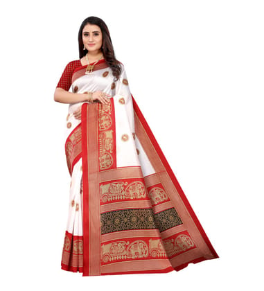 Women's Art Silk Printed Saree with Unstitched Blouse (Red, 5-6 Mtrs)
