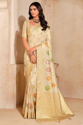 Cream Woven Banarasi Saree