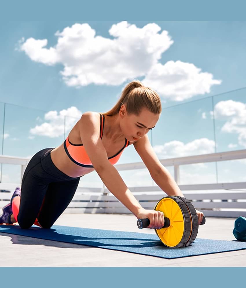 HORSE FIT Abs Roller for Men & Women Stomach Abs Roller Wheel for Home Workout, Gym Ab Roller for Men Abs Workout Equipment for Abdominal Ab Roller Home Exercise Equipment With Knee Mat -(Yellow)