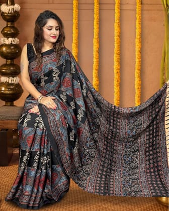 Heritage Hues Modal Silk Noir Black Ajrakh Saree