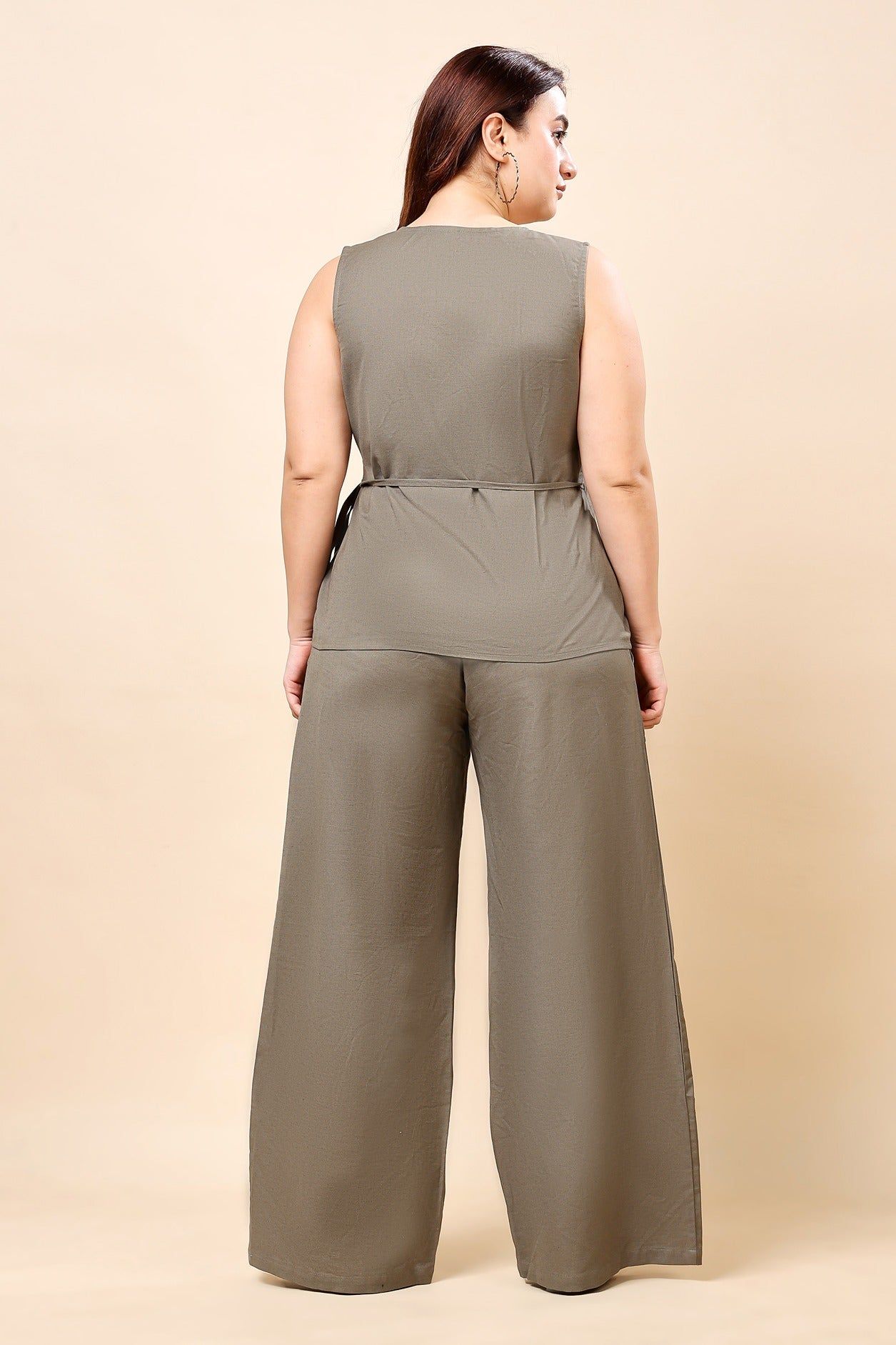Linen Solid Wrap Around Co-ord Set-Army Green-L / L / Army Green
