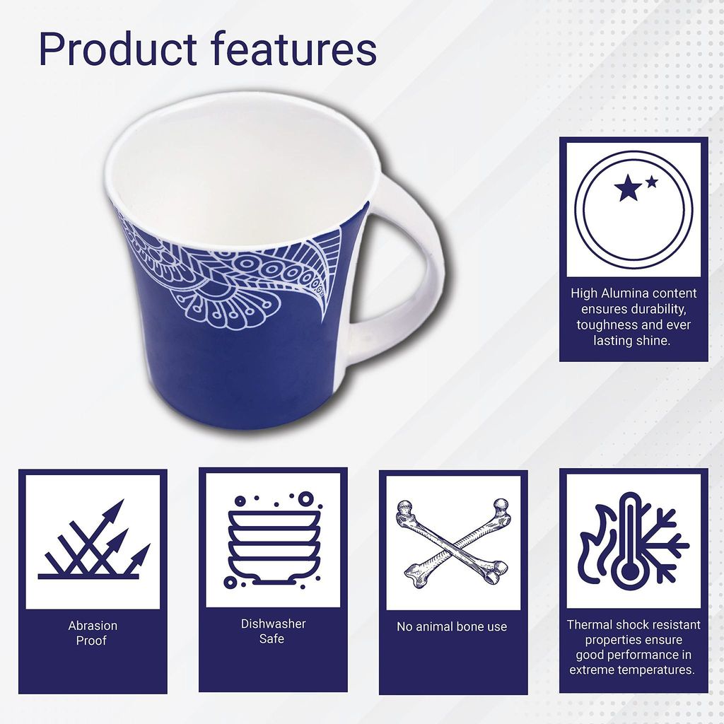 Femora Eternal Circle Tea Cups, Ceramic Tea Cups, Coffee Mugs (160 ml) - 6 Pcs Set (Blue)