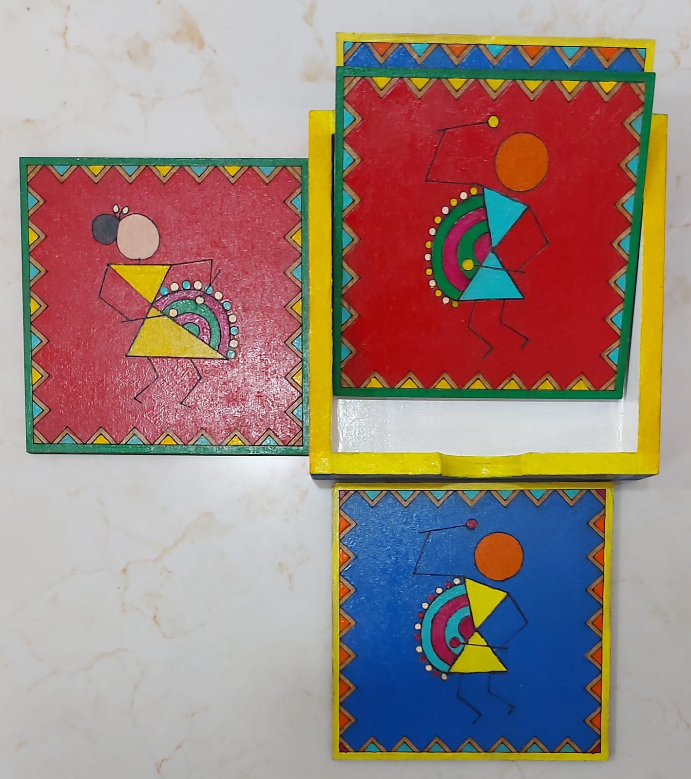 Kalakrishta Handpainted Warli Style Coaster Set of 4