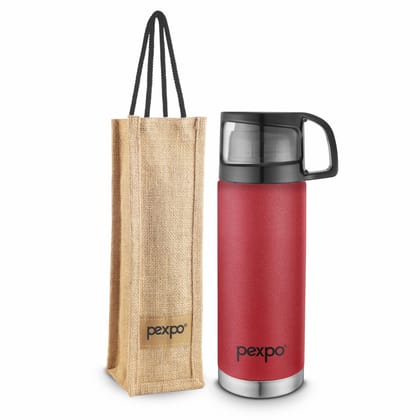Pexpo 500ml Stainless Steel 24 Hours Hot and Cold Water Bottle with Drinking Cup Lid & Jute-Bag, Flask (Crimson Red, Fererro)