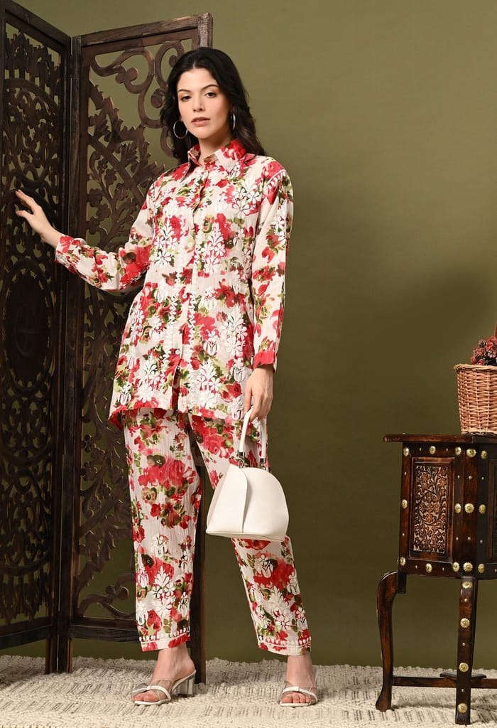 Chikankari Cord Set in Mulmul Set - Floral Print Red