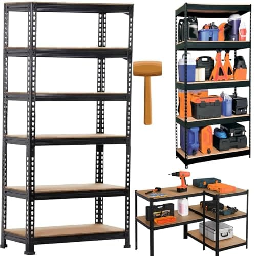 JD FRESH 6-Shelf Adjustable Boltless Metal Shelving Unit/ Metal Storage Rack with Wooden Planks for Home,