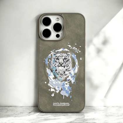 Santa Barbara Grey Phone Case with Embroidered Snow Leopard Design-iPhone 14