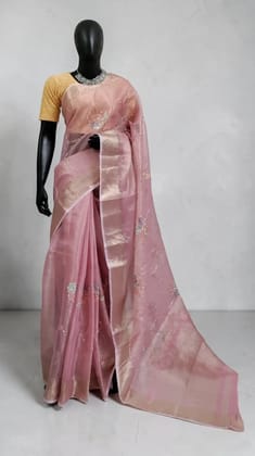Handwoven Kota Doria Saree in Onion Pink with Block Print and Zari Border