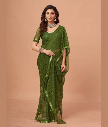 VANRAJ CREATION Brasso Self Design Saree With Unstitched Blouse Piece ( Olive )
