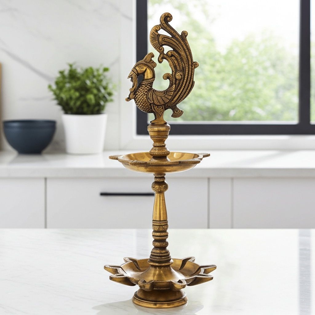 Brass Table Decor Oil Lamp, Deepak  - Antique Finish Brass Deepak for Puja, Height : 17.5 Inch (BSMAS927 A)