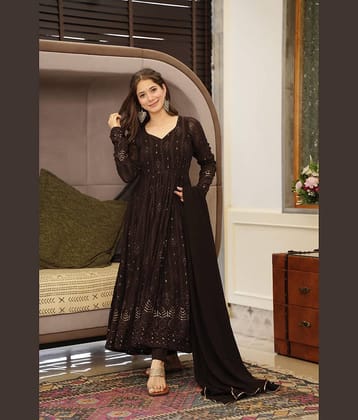 Estela Georgette Embellished Kurti With Pants Women's Stitched Salwar Suit - Brown ( Pack of 1 )