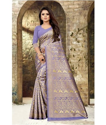 Gazal Fashions Banarasi Silk Printed Saree With Unstitched Blouse Piece ( Purple )
