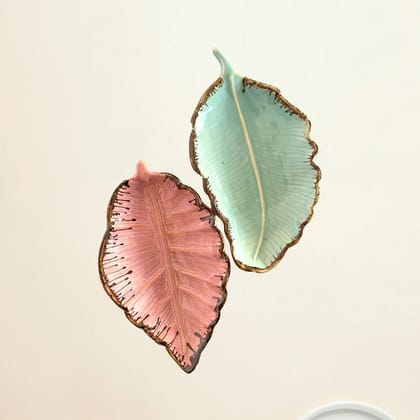 Ceramic Pink & Green Leaf Shaped Serving Tray Set of 2