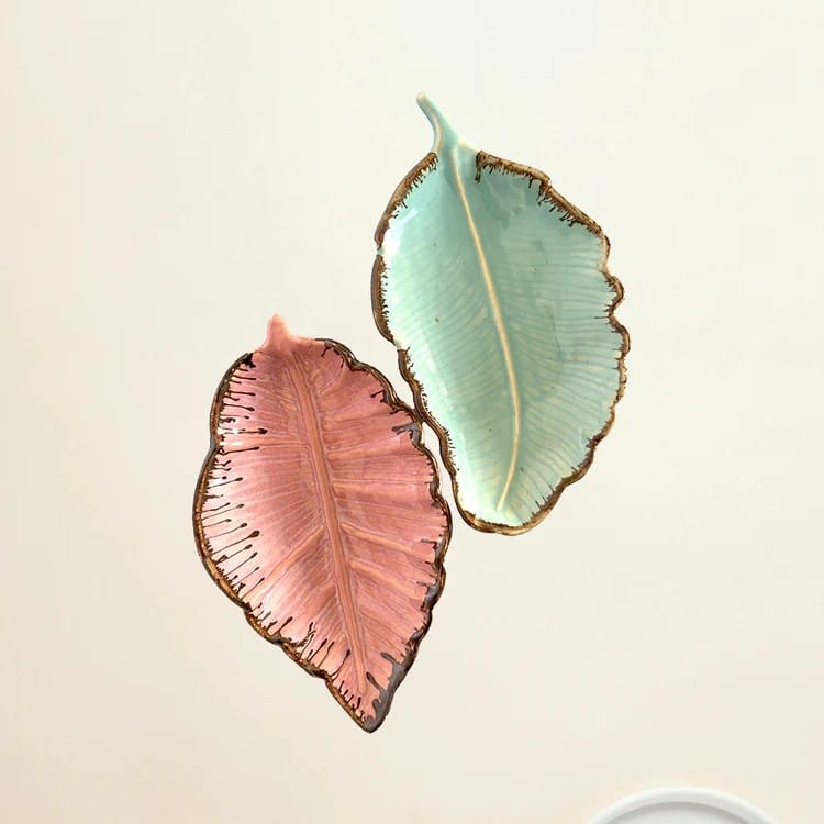 Ceramic Pink & Green Leaf Shaped Serving Tray Set of 2