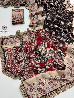 New Wedding Wear Black Color Dola Silk Kalamkari Print With Sequence Lace Work Fancy Designer Saree