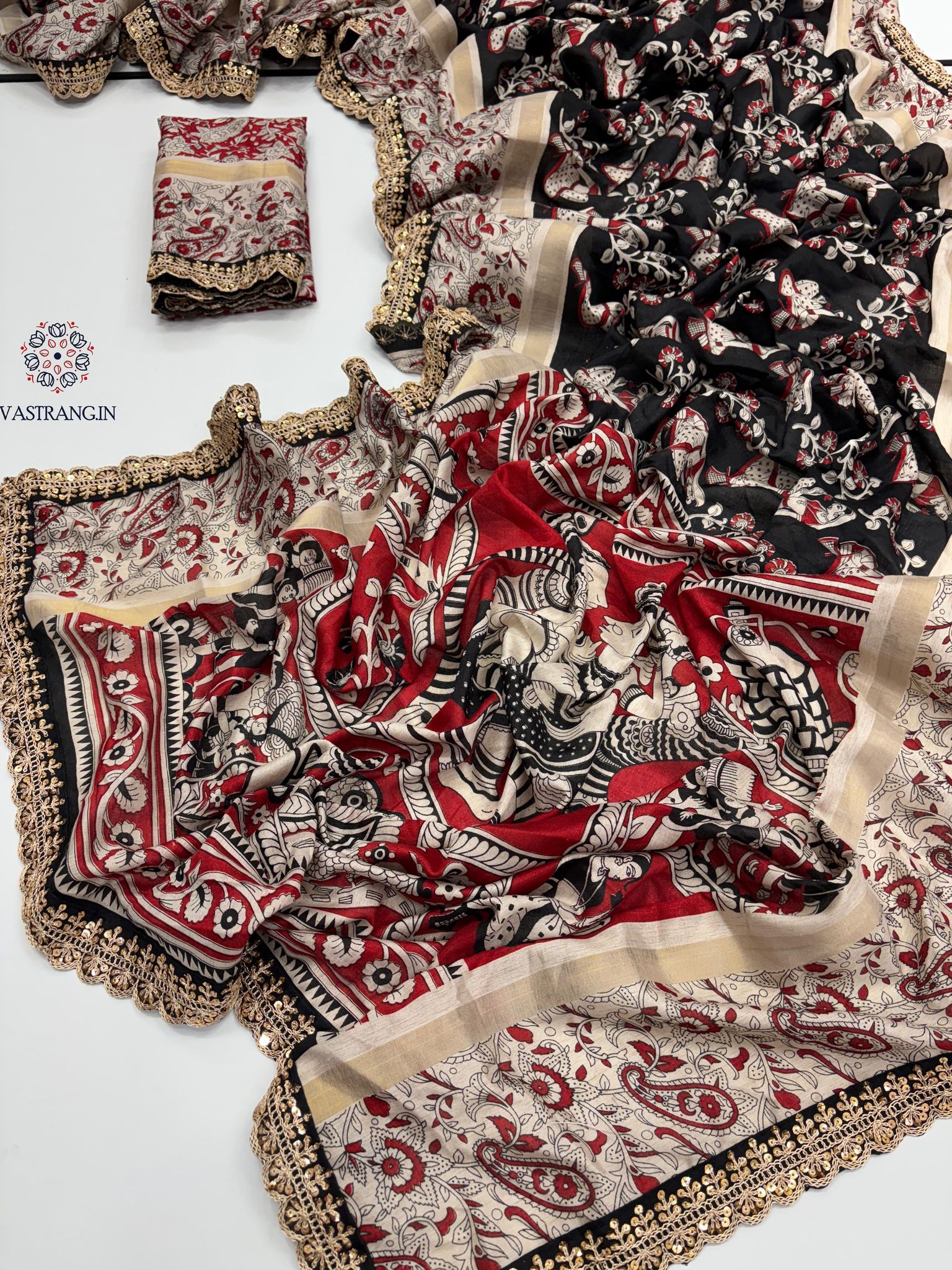 New Wedding Wear Black Color Dola Silk Kalamkari Print With Sequence Lace Work Fancy Designer Saree