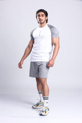 Active Two-tone T-shirt + Shorts set- White/Grey & Grey-XXL
