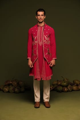 Manohar hot pink Jacket kurta set with trouser and Dupatta-XS/34