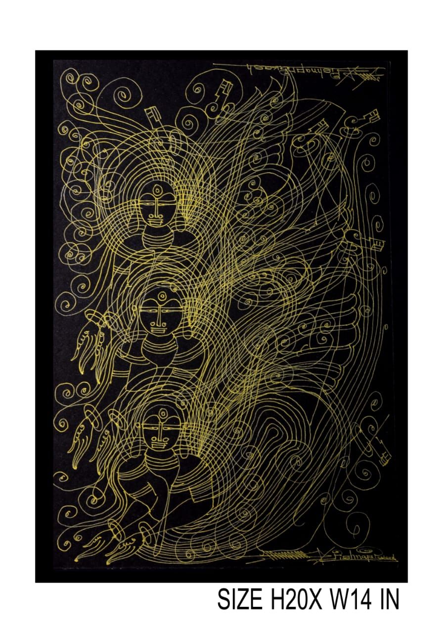 Stimulating Surpur Line Art Painting Mixed Media On Paper