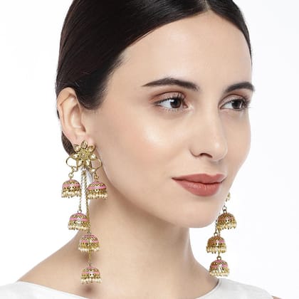 Gold-Toned  Pink Enamelled Dome Shaped Jhumkas