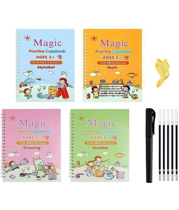 Sank Magic Practice Copybook, Number Tracing Book for Preschoolers with Pen, Magic Calligraphy Copybook Set Practical Reusable Writing Tool Simple Hand Lettering (4 Books + 5 Refill)