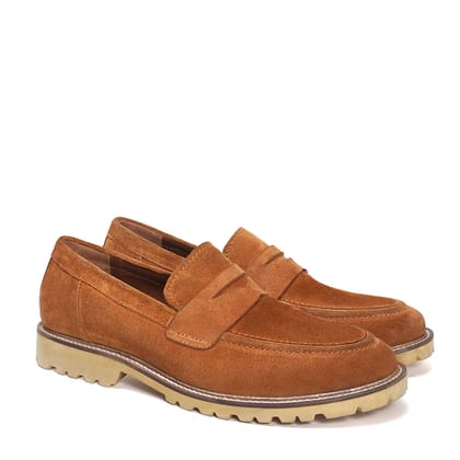 Light Weight Lug Sole Loafers in Orange Suede Leather with Triangular Cut-Strap-40/6
