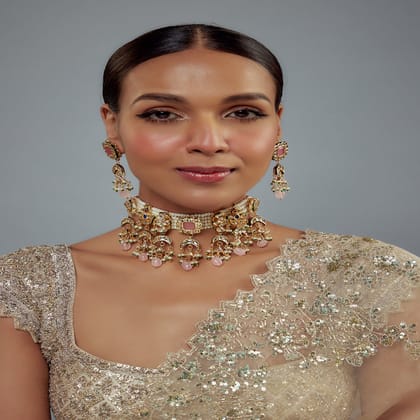 vivinia BY VIDHI MEHRA Saadgi Gold Plated Pink Kundan, Polki Womens Choker Necklace Set with Pair of Earrings (Freesize) - VN889
