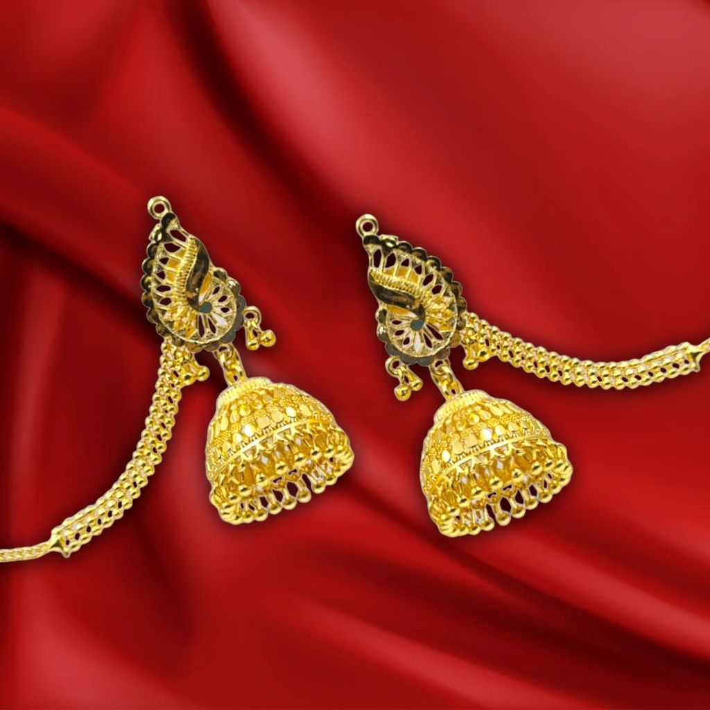 Gold Plated Jhumka Earrings with Hair Chain – Bridal & Ethnic Jewelry