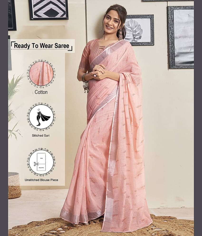 Samah Cotton Printed Ready to Wear Saree With Unstitched Blouse Piece ( Rose Gold )