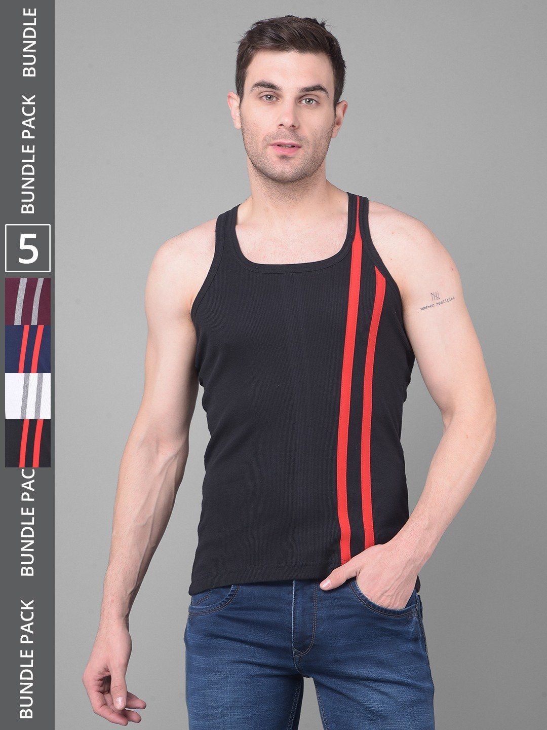 Men's Assorted Pack of 5 Solid Combed Cotton Racerback Styled Gym Vest