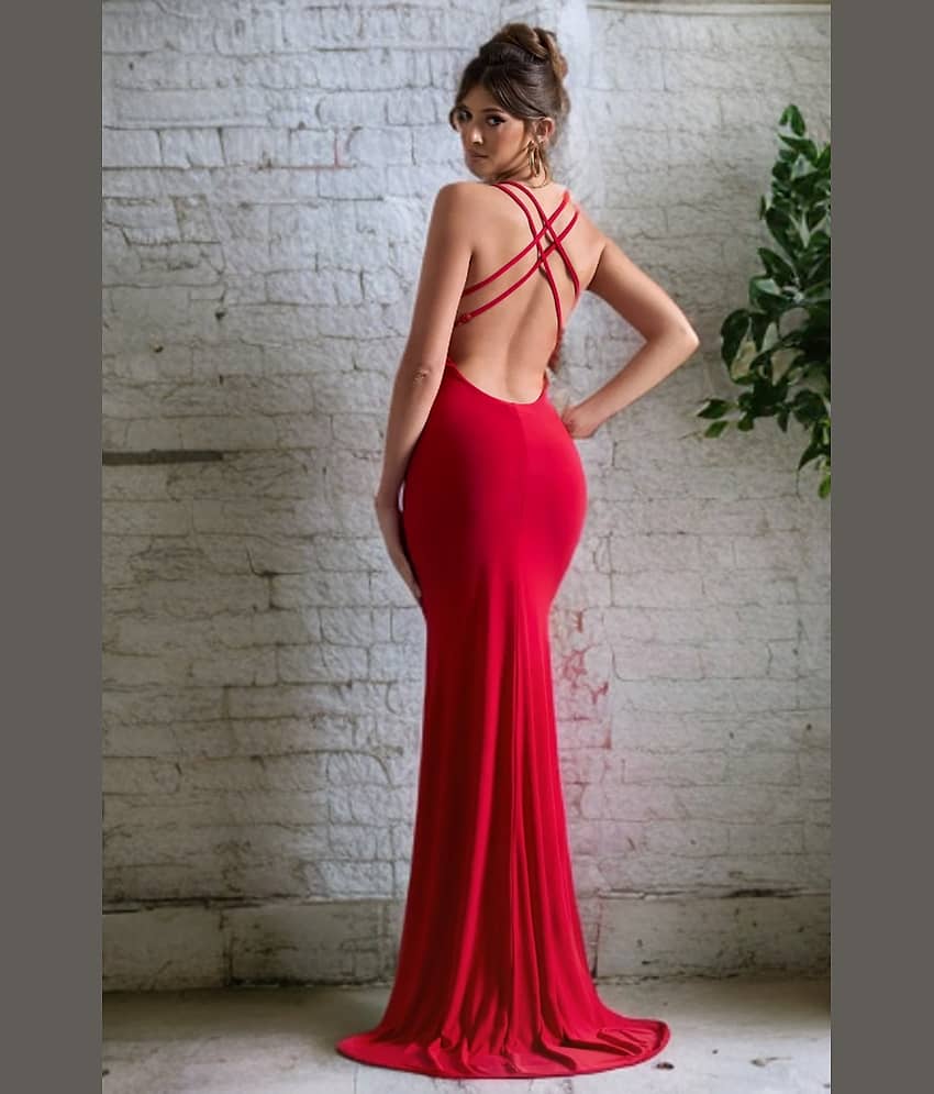 Traquila Women Lycra Solid Side Slit Dress ( Red )