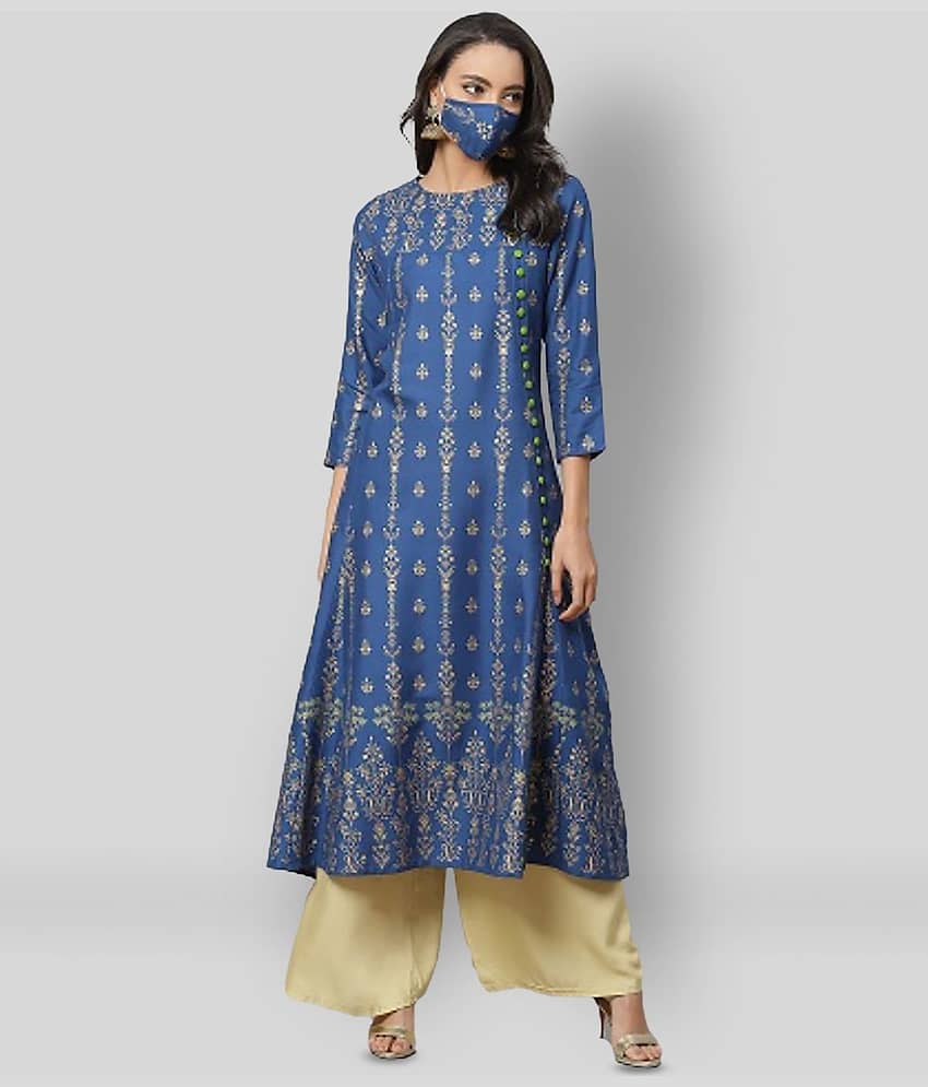 Yash Gallery Pack of 1 Rayon Printed Flared Women's Kurti - ( Blue )