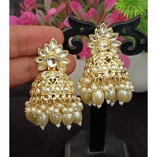White CZ Monalisa Stones with Precious Pearls Jhumki Earrings Set