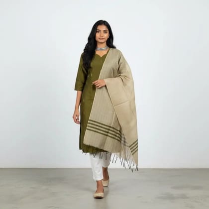 Mangalagiri Raw Silk Kurti with Zari-Check Dupatta in Olive Green and Beige