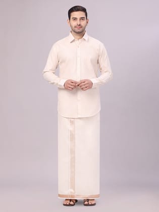 Mens Tissue Light Copper Shirt with Jacquard Fancy Border Flexi Dhoti Wedding Combo Nios-36 / H/S / Light Copper