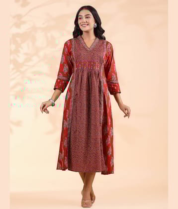 Vbuyz Women Cotton Printed Fit & Flare Dress ( Red )