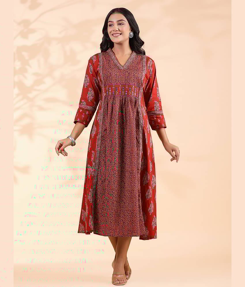 Vbuyz Women Cotton Printed Fit & Flare Dress ( Red )