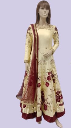 Woman's Cream Floral Printed Full Length Churidar Suit With Dupatta-ROSE / Cream / F